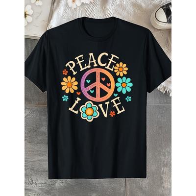 Taglie Europee T-Shirt Grafica Hippie Pace & Amore Anni '60 '70 - Cotone, Nera con Design Floreale Colorato, Maglietta Casual Girocollo da Uomo