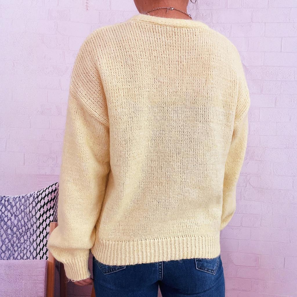 Women's Fashionable Casual Cute Wave V-neck Decoration Flower Button Knit Cardigan Sweater Jacket