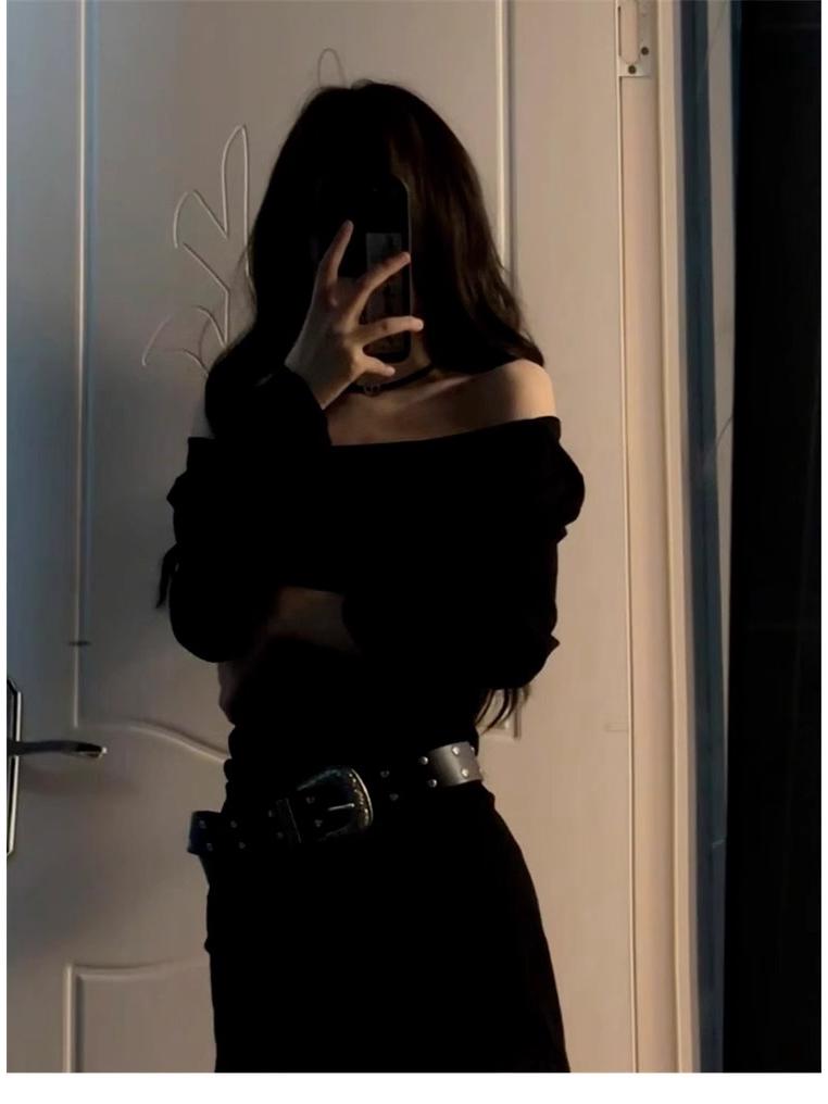 Y2K One-Shoulder Black Knit Dress: Sexy Autumn/Winter Bodycon Mini for Mature Women