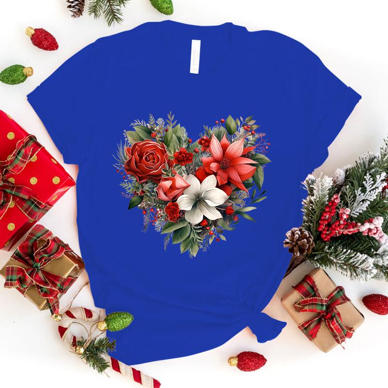 Christmas Flower Love Printed T-Shirts For Women Summer Tee Shirt Femme Casual Short Sleeve Round Neck Tops T-Shirts