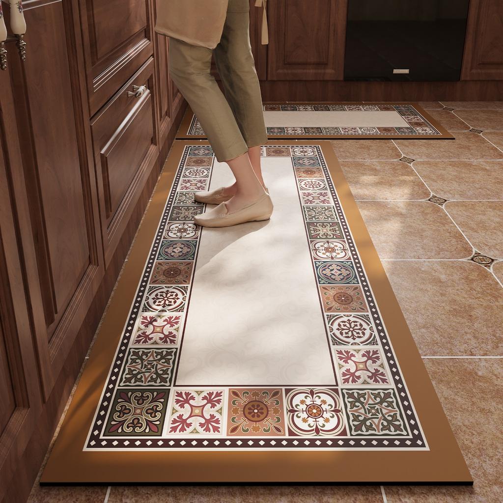 Vintage Light Luxury Kitchen Floor Mat Anti-slip Carpet Oil-proof Waterproof PVC Leather Washable Rug Long Rugs Alfombra Cocina