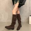 Winter Fashion Pleated Slim Women Knee High Boot Square Heels Thigh High Booties Long Shoes