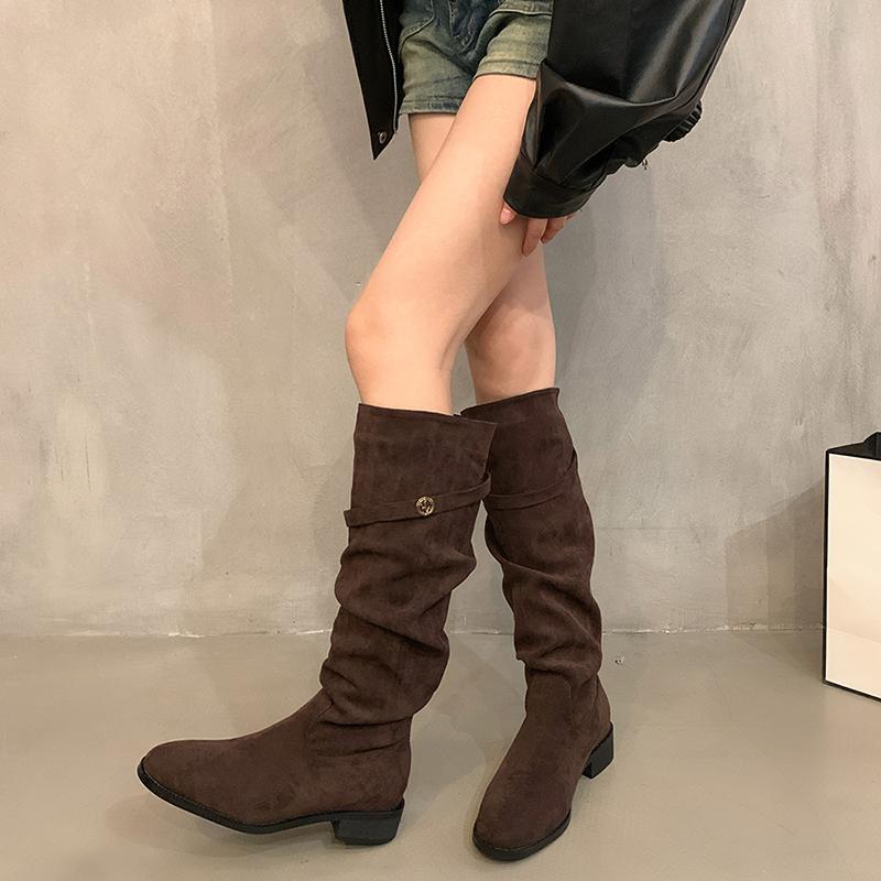 Winter Fashion Pleated Slim Women Knee High Boot Square Heels Thigh High Booties Long Shoes