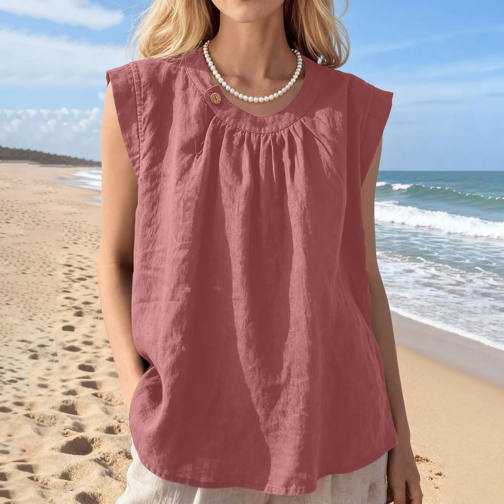 Sleeveless Loose Fit Linen Blouse for Women Casual Round Neck Solid Lightweight Summer Top Shirt