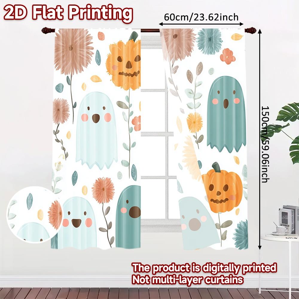 2D-Flachdruck, 2-teilige Vorhänge (Ohne Stange) Halloween Geister und Blumen Feiertag Ramadan Bedruckte Vorhänge Vielseitig Langlebig