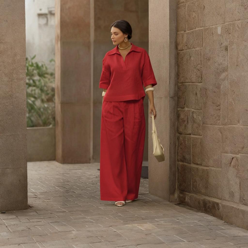 Women's Casual Two-piece Collar Top And Wide Leg Pants Set