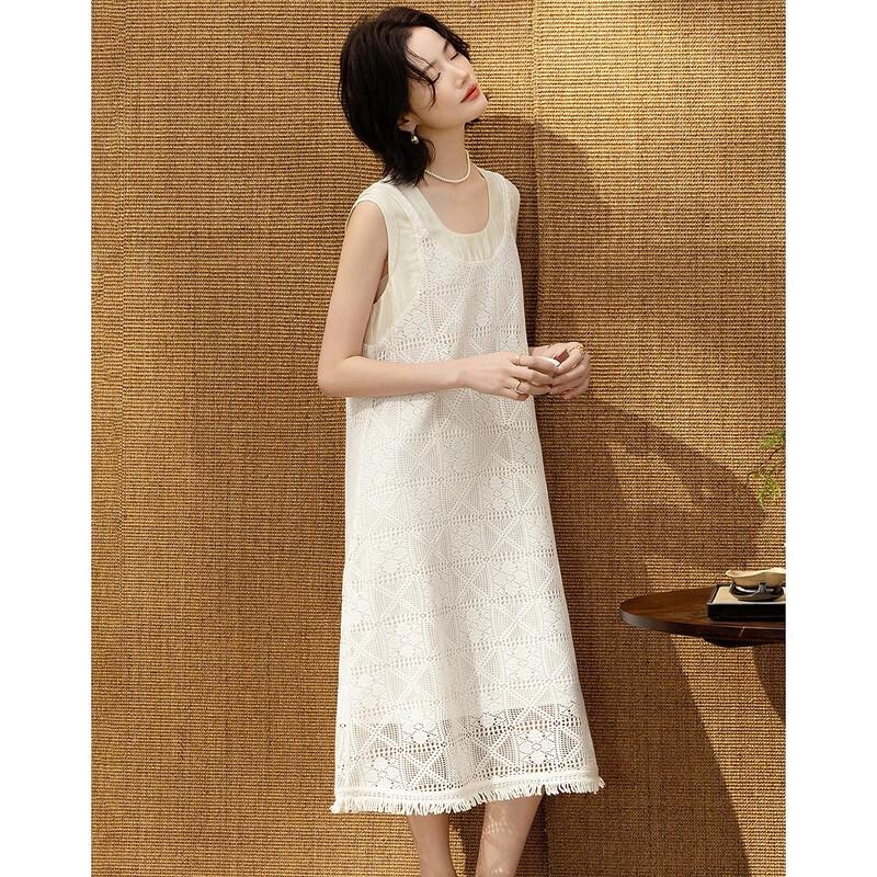 Demana Elegant Lyocell Cloud Cotton Lace Crochet Sleeveless Dress
