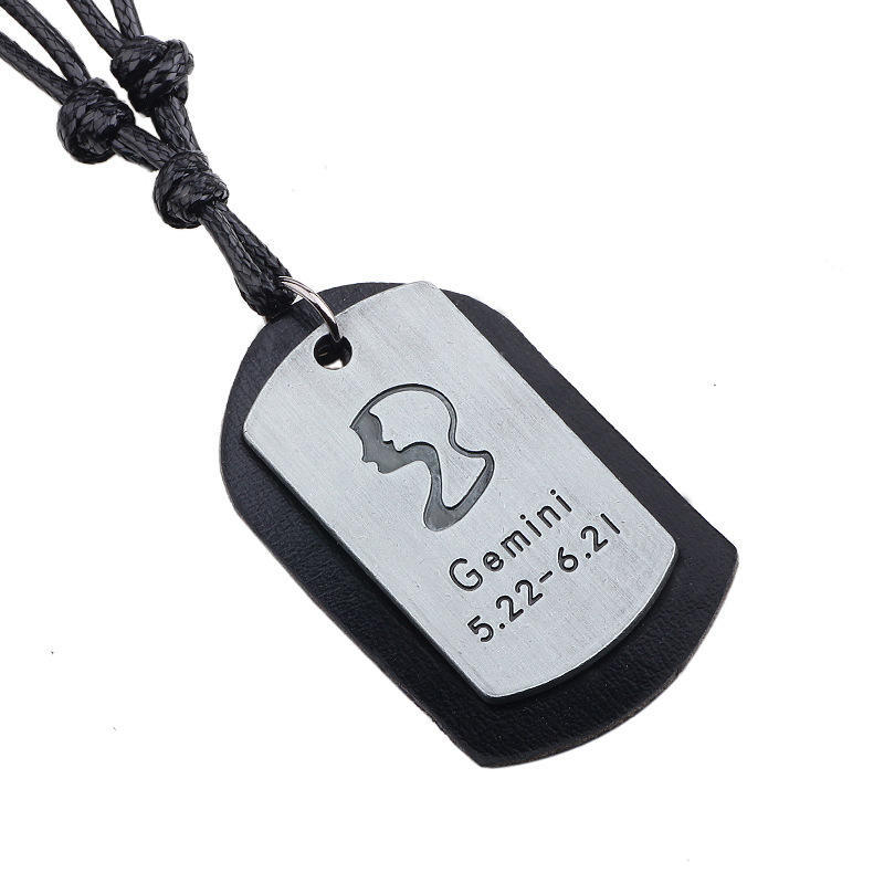 JMXD-European and American Twelve Constellation Necklace Retro Brushed Metal Pendant Genuine Leather Wax Rope Woven Constellation Series Necklace