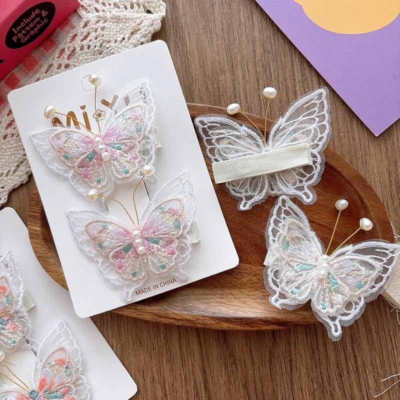 2pcs/set Retro Embroidery Butterfly Hair Clip for Baby Girl Mesh Sweet Peal Kids Hair Pin Fashion Hair Acccessories Headwear