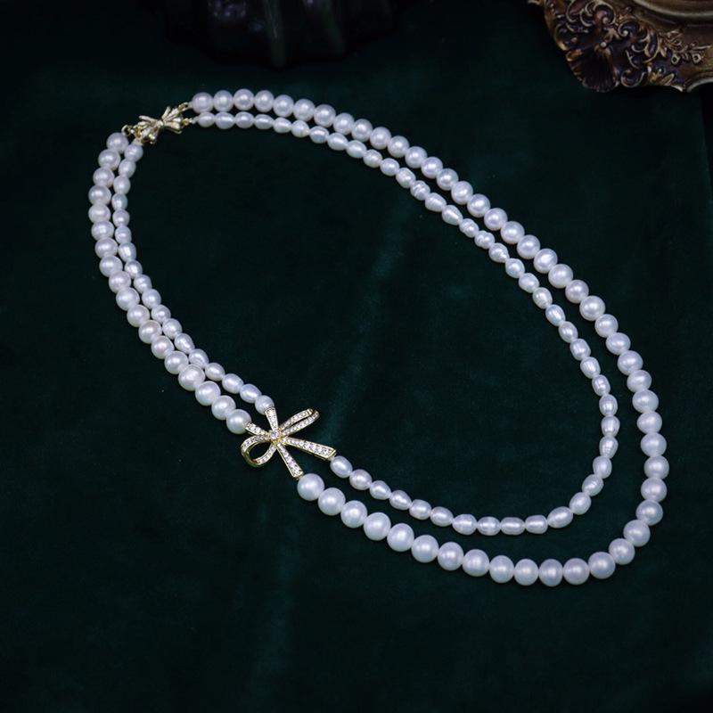 Elegant Double-Winged Butterfly Knot Freshwater Pearl Multi-Layer Necklace 5-7mm