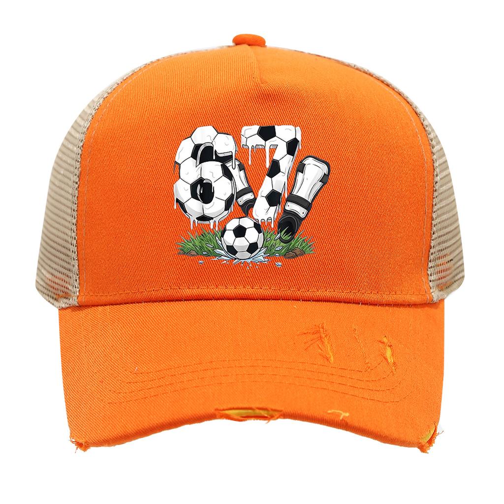 1PC Mesh Trucker Hat, Breathable, Distressed Brim, 3D Soccer 67 Print, Retro Streetwear for Men Women
