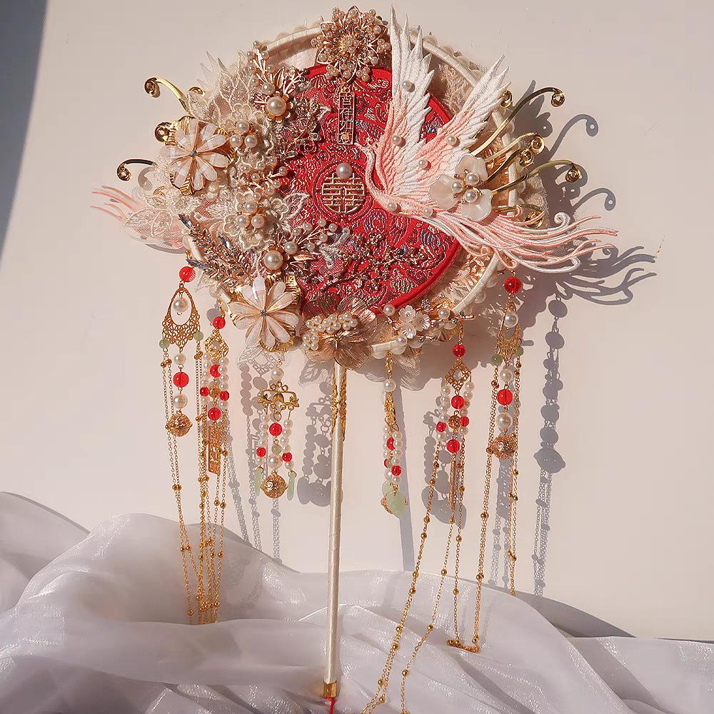 Double-Sided Two-Color Heavy Embroidery Round Bride Wedding Fan - Ancient Style Handmade Xiuhe Celebration Stainless Steel Weaving Fan