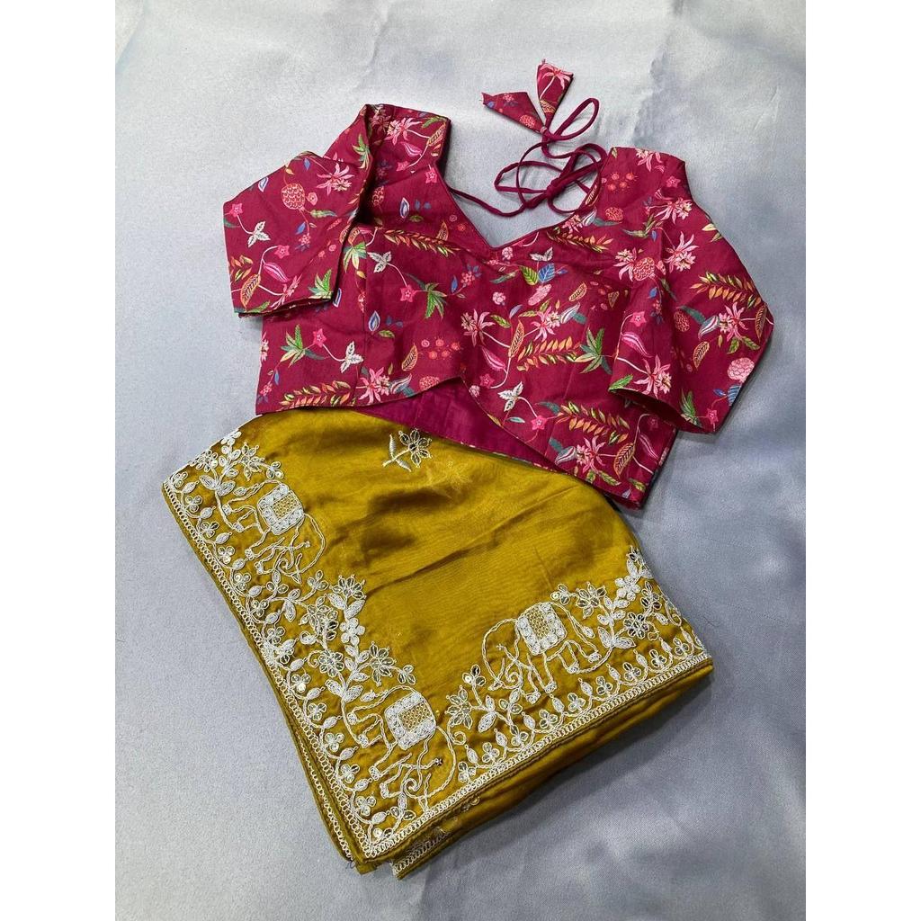 Party Wear Premium Rangoli Silk Saree – Elegant Wedding Collection with Embroidery Lace Border & Digital Print Blouse