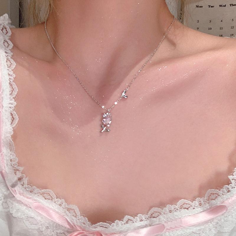 New Spring Tulip Zircon Necklace Women s Fashion Clavicle Chain Light Luxury Niche Design Premium Necklace