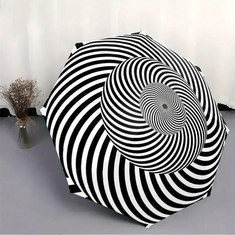 Folding Umbrella with Central Pattern, Rotating Ring & Contrast Black & Stripes - Compact Travel Umbrella for Backpacks, Perfe