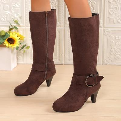 New Modern Boots 2024 Plus Size Ladies Shoes Knee-High Women's Boots Women Belt Buckle Round Toe Side Zip Med Heel Shoes Female