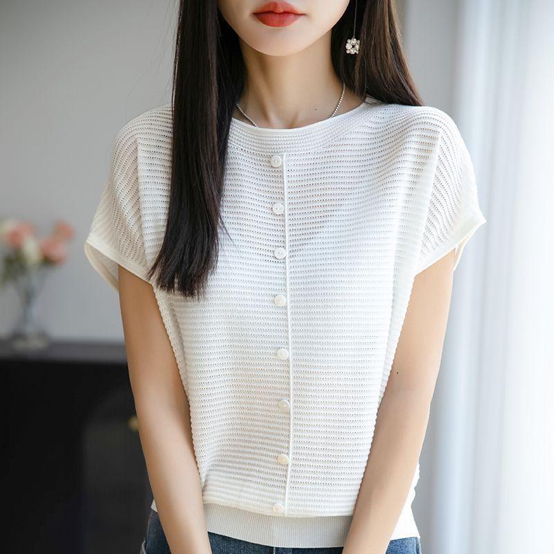Mulberry Silk Tencel Hollow-out Short-sleeved Knitted Top Summer New Solid Color Base T-Shirts
