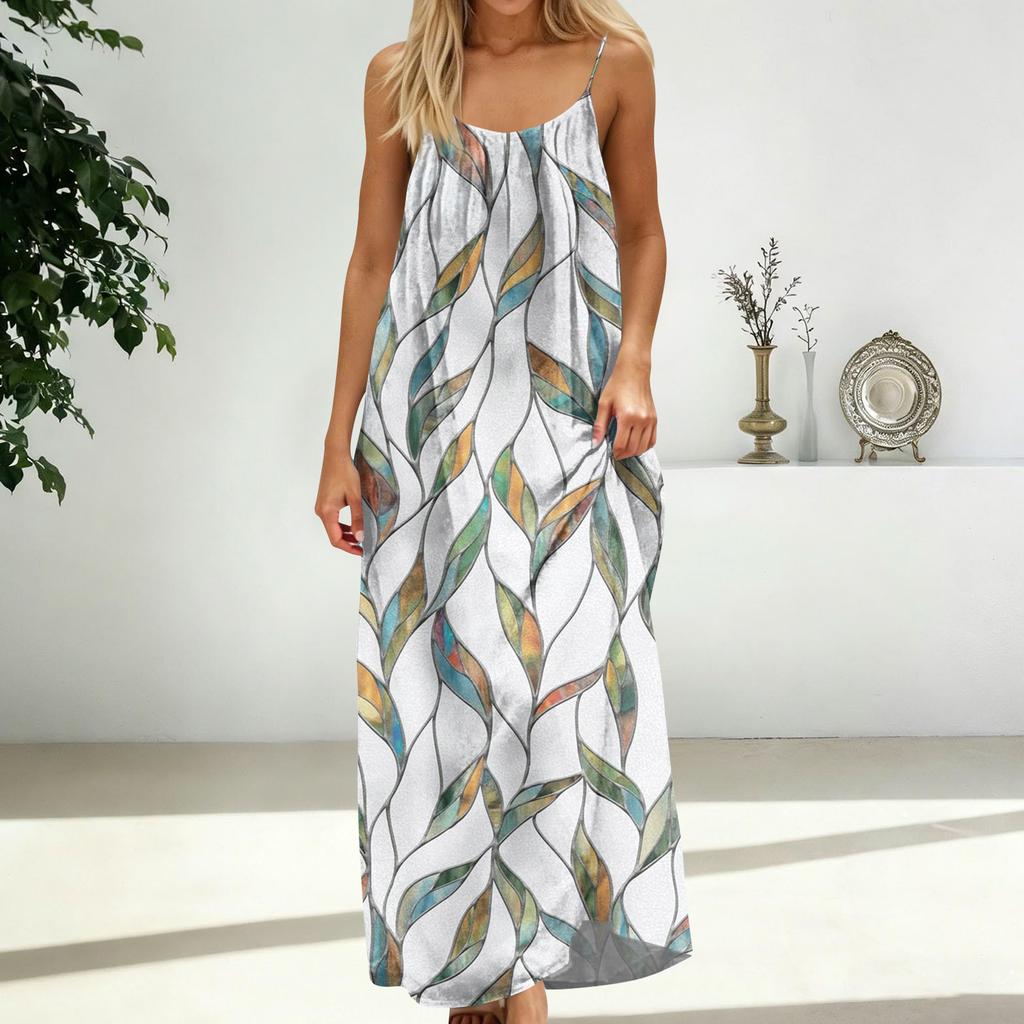 Women's Fashion Backless Spaghetti Strap Casual Loose-Fit Striped Print Dress