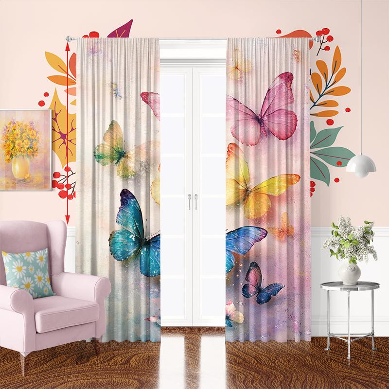 2Pcs- Colorful Butterfly - Printed Curtain -100% Polyester Material, Suitable for Bedroom Curtains and Living Room Decoration.