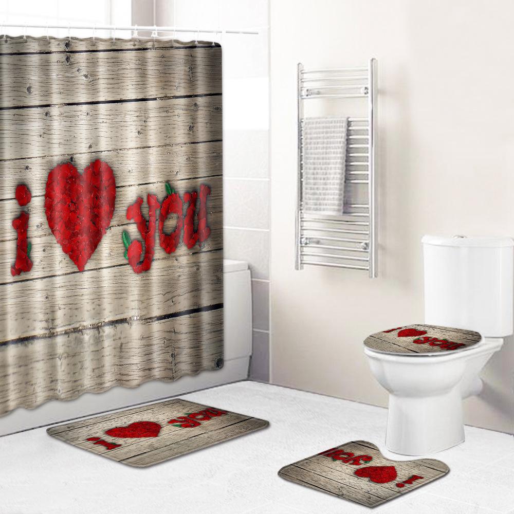 Valentine'S Day Toilet Shower Curtain Four-Piece Printed Floor Mat Set Bathroom Floor Mat Bedroom Absorbent Door Mat Carpet