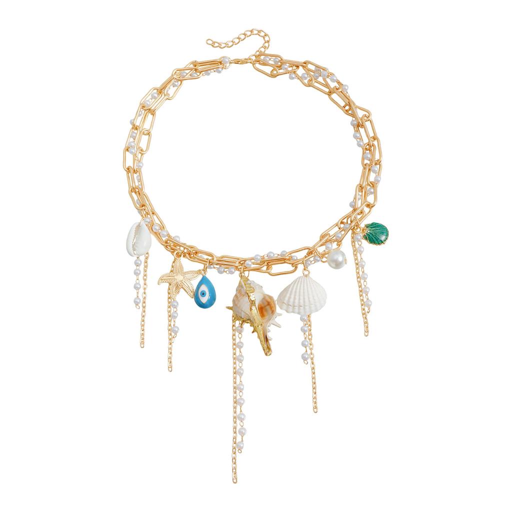 Elegant Beachy Tassels Shell Pendant Necklace Lightweight Alloy Trendy Layering Chain Jewelry For Casual Outfits