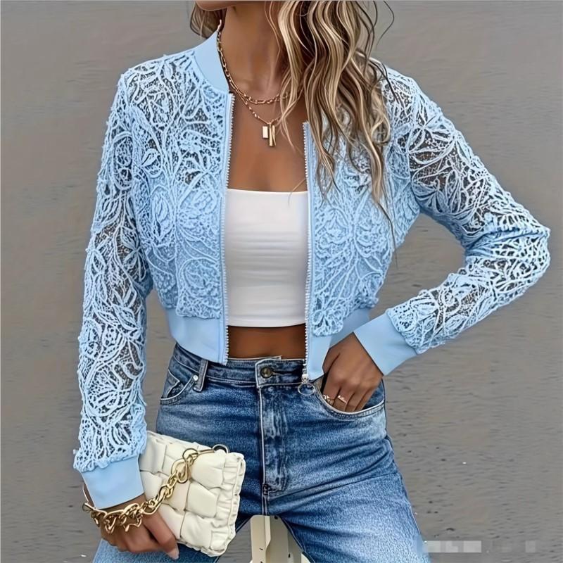 Cappotto Corto in Pizzo da Donna Primavera ed Estate Sottile Cardigan con Zip Manica Lunga Slim Moda Versatile Top Monocolore