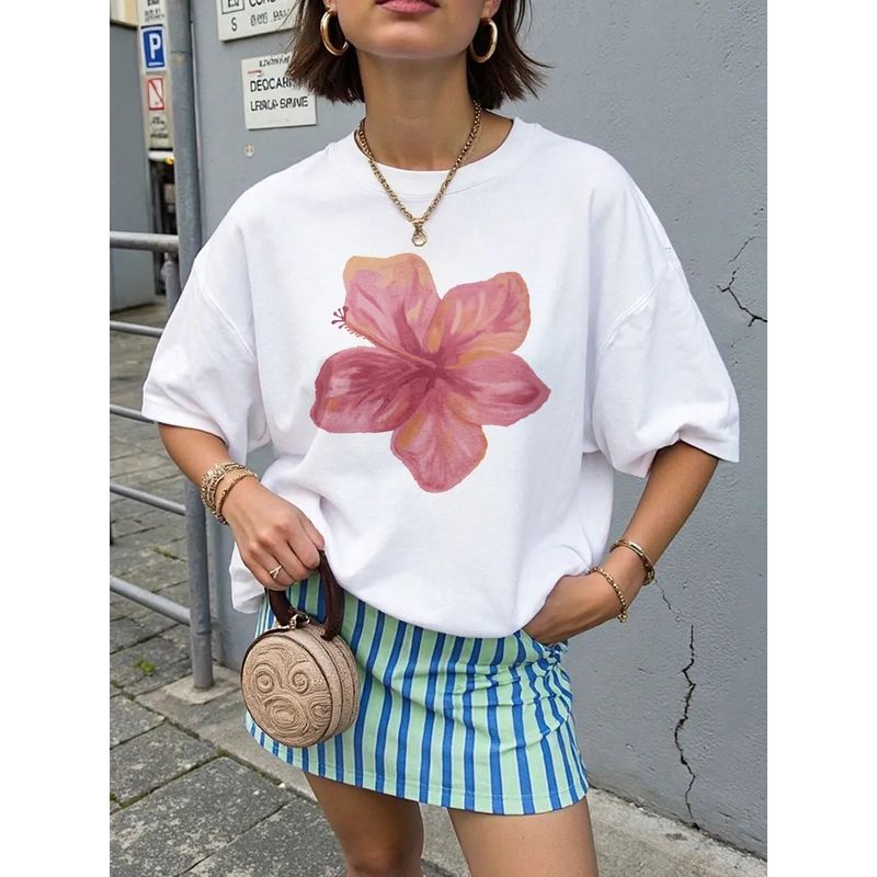 Fashion Style New Fashion Casual Loose Print round Neck Short Sleeve T-shirt Top Printed T-shirt Top