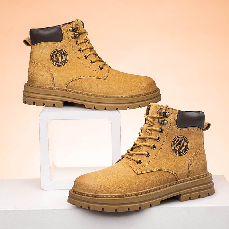 Men's Large Size Winter Genuine Leather Martin Boots, Thick Sole, High-Top, Outdoor, Plus Velvet, Yellow Work Boots.