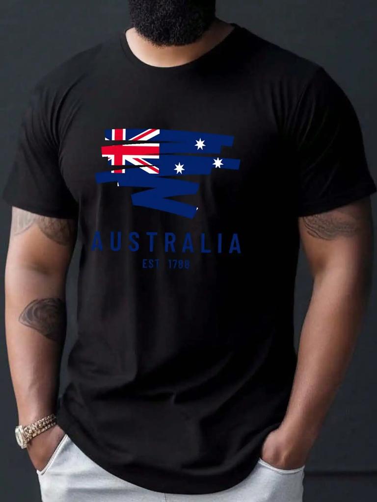 MenS Australia 1788 Graphic TShirt  Casual Black Crew Neck Tee With Flag Design Short Sleeve Summer Shirt For Adults