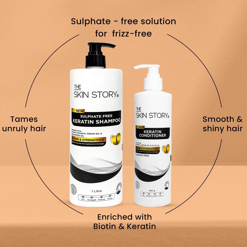 The Skin Story Sulphate Free Keratin Shampoo & Conditioner Set | Shine & Frizz-Free Hair Care | Damage Repair with Argan, Macadamia| 1Litre + 450g