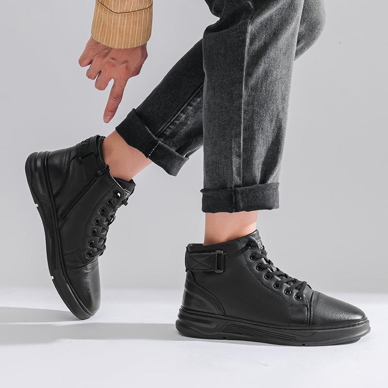 Winter new trend leather Martin boots men's high-top board shoes tooling British style velvet warm men's shoes short boots men
