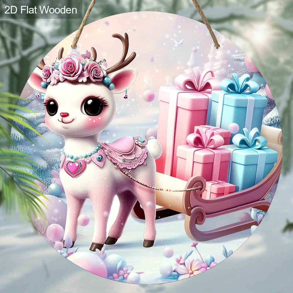 2D Flat Pink Wooden Christmas Sign, Charming Decorative Plaque with Adorable Elk Sled Pattern, Ideal for Front Door, Home, Office Decor