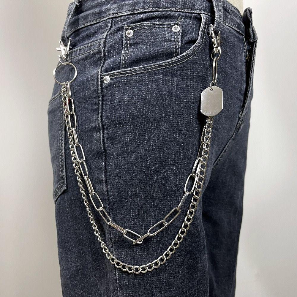 Hip Hop Metal Tags Waist Chain Hipster Multi-layer Key Chains Layered Jeans Chain  For Women Man