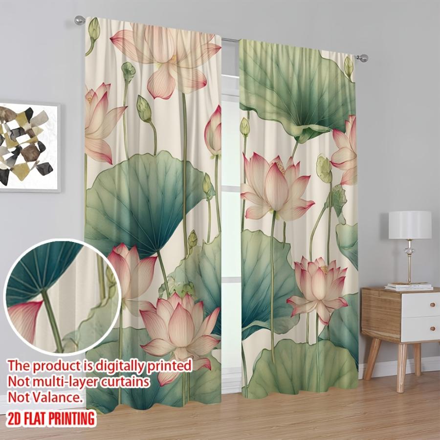 2PCS Digital Printed Curtains, Lotus Wind Clear Charm Pattern, Beautiful Window Drapes for Living Room Bedroom Home Decor