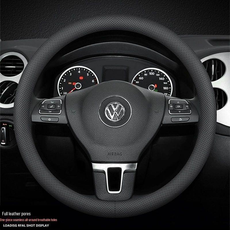 Volkswagen Steering Wheel Cover: Genuine Leather, Sweat-Absorbent, Universal Fit, Non-Slip, for Lavida, Sagitar, Magotan, Tayron, CC, T-Roc, Tiguan