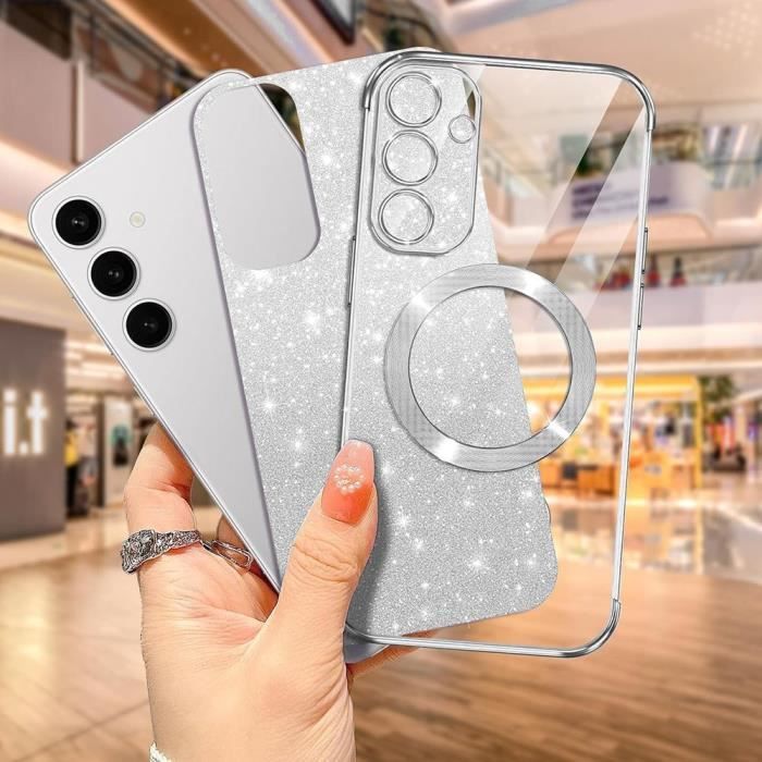 Coque + 2 Verres Trempés pour Samsung Galaxy S25, avec Cercle Magnétique Protection Caméra - Argenté Scintillant