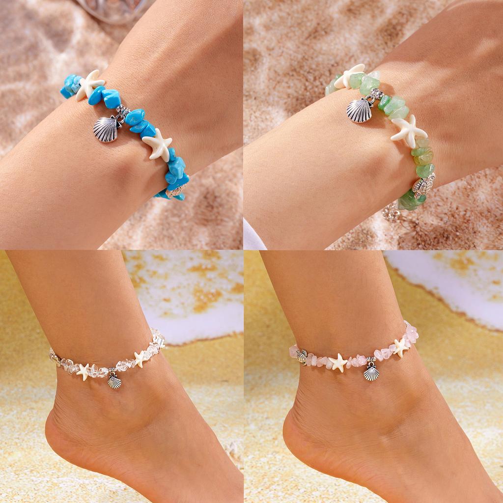 Fashion Sweet Pink Crystal Beaded Bracelet for Women Boho Turtle Starfish Shell Anklets Leg Foot Chain Summer Beach Jewelry Gift