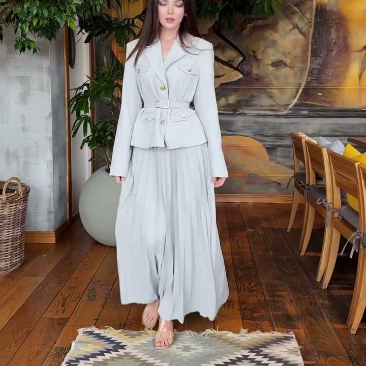 2025 Damsort Chic Bältad Cardigan Kostymjacka & Långklänning Set