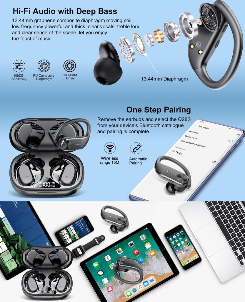 Q28S Ear-hook In-ear Bluetooth 5.2 Earphones with Charging Case & Power Display