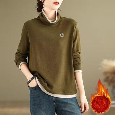 Autumn and Winter New Turtleneck Splicing Bottoming Shirt Women's Fashion Double-sided Thickened Loose Contrasting Top