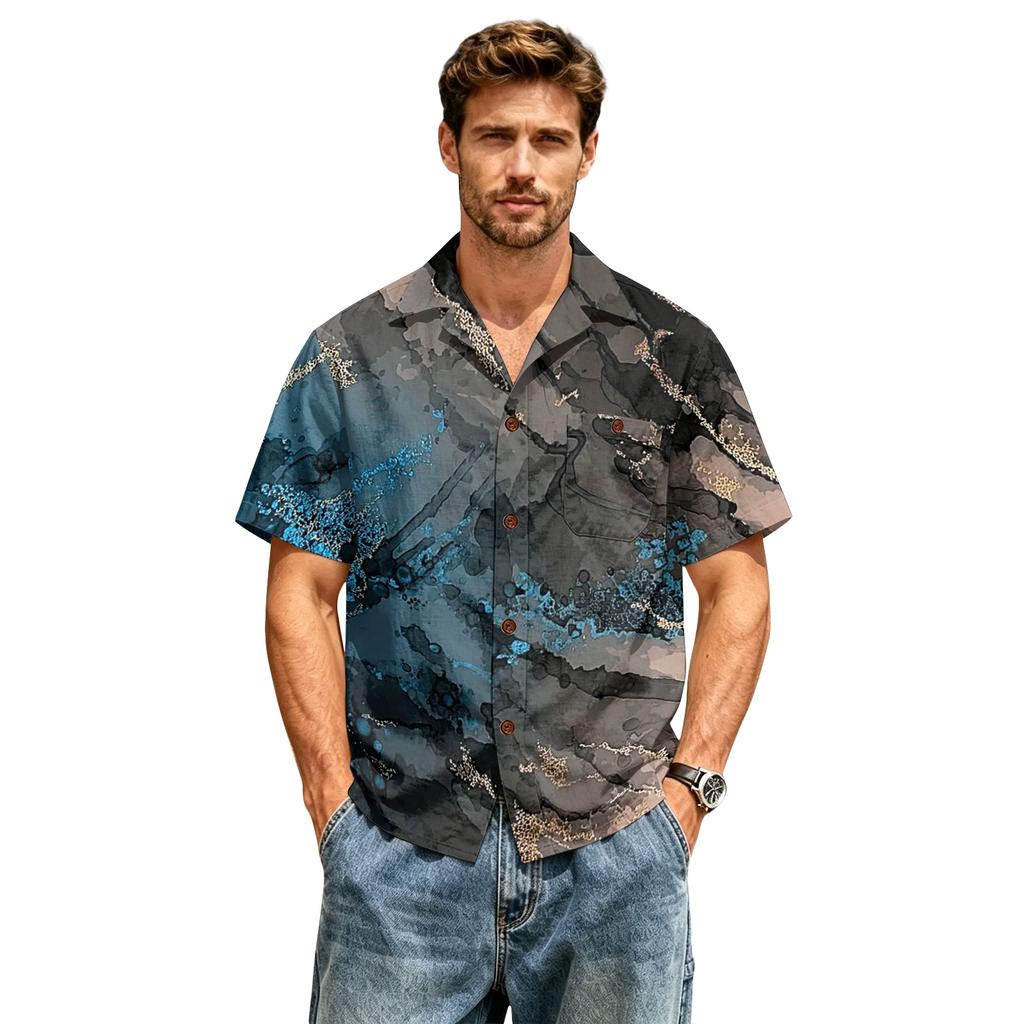 Men's Casual Short Sleeve Shirt Cotton Linen Classic Lapel Collar Button Down Lightweight Printed Top for Spring Summer