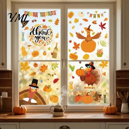 Removable Glass Stickers 4 Sheets Thanksgiving Static Window Stickers, Decorative Vinyl Decals, Autumn Turkey Pumpkin Maple Leaves Patterns