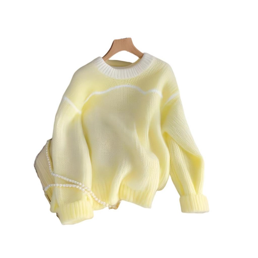Lemon Yellow Loose Long Sleeved Knitted Sweater, Women's Autumn and Winter Korean Atmosphere Fashion Top