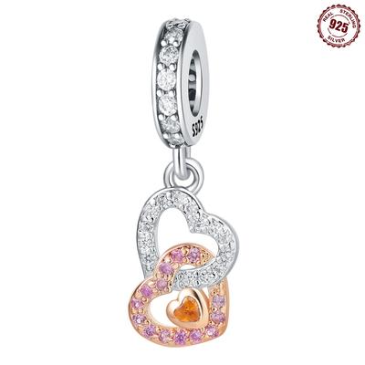 Copper Charms Original Rose-Colored Connected Heart Pendant Beads Fit Bracelet Jewelry Diy Women Gift Accessory