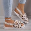 Leopard Print Plush Flat Slippers, Open Toed Elastic Band Slippers, Comfortable and Warm Home Slippers Sandals