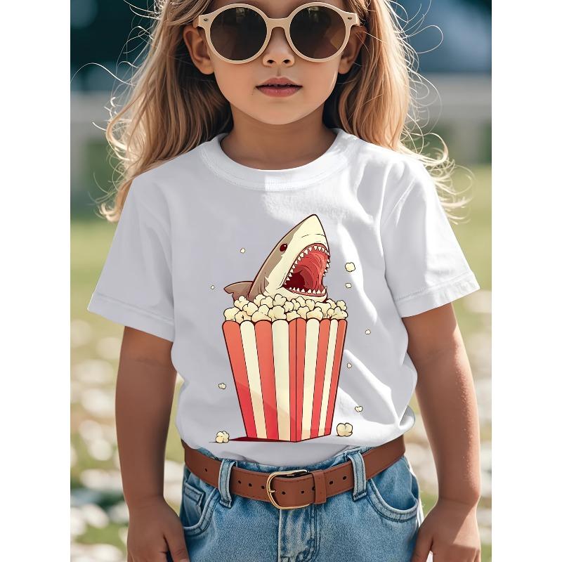 European Sizes Boys' Funny Great White Shark Eating Popcorn Graphic T-Shirt - Movie Night Theme Casual Short Sleeve Round Neck Tee with Cartoon Design