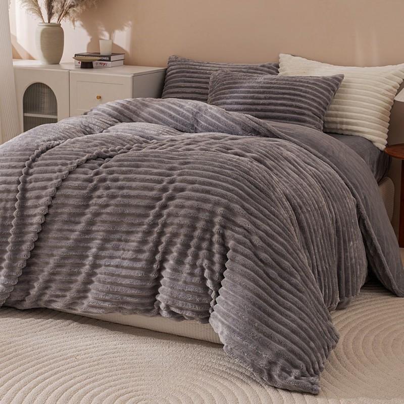 Winter Thick Warm Luxury Solid Striped Milk Fleece Bedding Set