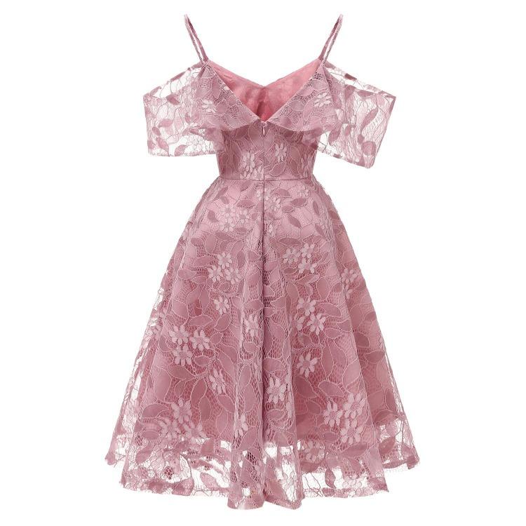 Bright Deer Women Cold Shoulder Bridesmaid Dress Floral Crochet Lace Ruffle Cami Strap Midi Dress for Wedding Evening Formal Party Cocktail Occasions