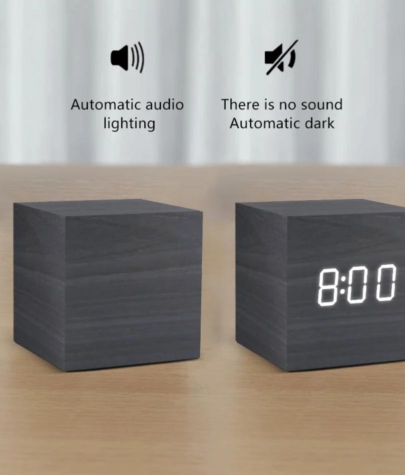 Wooden Digital Alarm Clock with Temperature Sound Control Electronic Clocks Desktop USB/AAA Powered Desperadoe LED Bedside ClocK