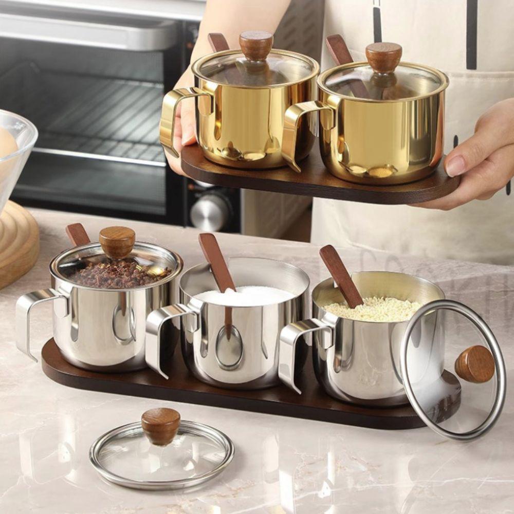 Dust-proof Stainless Steel Seasoning Jar Set Moisture-proof Visual Lid Condiment Jar Set Odor-proof With Spoon Tray